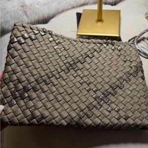 Naghedi Woven Clutch in Taupe with Metallic Accents